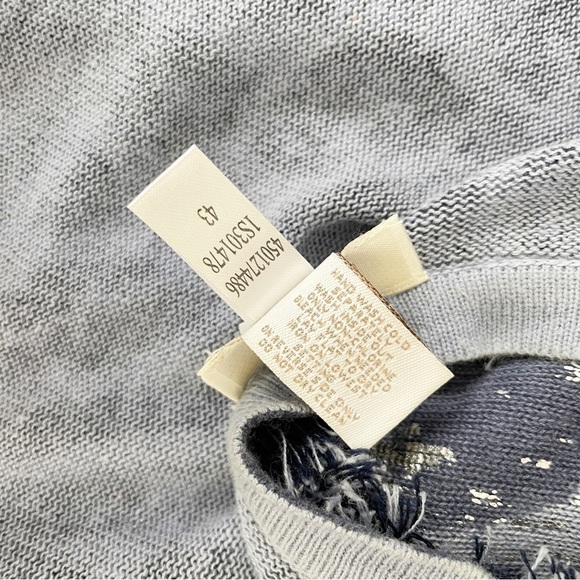 Chico’s Blue Linen Foiled Animal Frankie Fringe Open Front Cardigan Size M - Picture 16 of 16